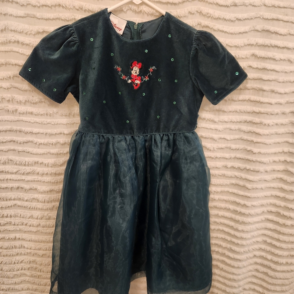 Vintage Disney Store Minnie Mouse Dress Green‎ Velvet Top Embroidered Girls 6/6X